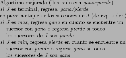 \begin{table}
\begin{tabbing}
Algortimo mejorado (ilustrado con \emph{gana-pier...
...} si todos \\
\> los sucesores de $J$ son \emph{gana}
\end{tabbing}\end{table}