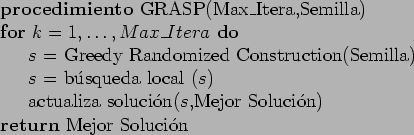 \begin{table}
\begin{tabbing}
123\=123\=123\= \kill
\textbf{procedimiento} GRASP...
... Soluci\a'{o}n) \\
\textbf{return} Mejor Soluci\a'{o}n
\end{tabbing}\end{table}