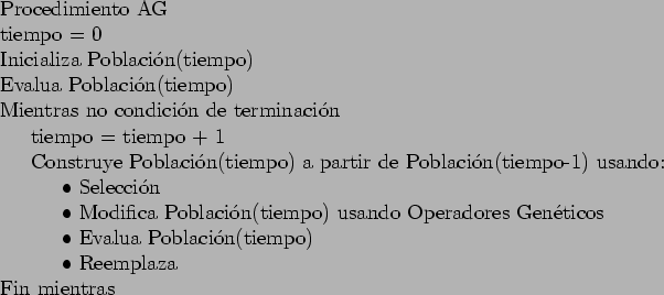 \begin{table}
\begin{tabbing}
12345\=123\=123\= \kill
\> Procedimiento AG \\
\>...
...) \\
\> \> \> $\bullet$ Reemplaza \\
\> Fin mientras
\end{tabbing}\end{table}