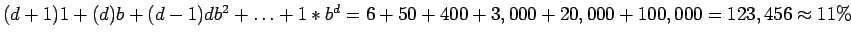 $(d + 1)1 + (d)b +
(d-1)db^2 + \ldots + 1*b^d = 6 + 50 + 400 + 3,000 + 20,000 + 100,000 =
123,456 \approx 11\%$