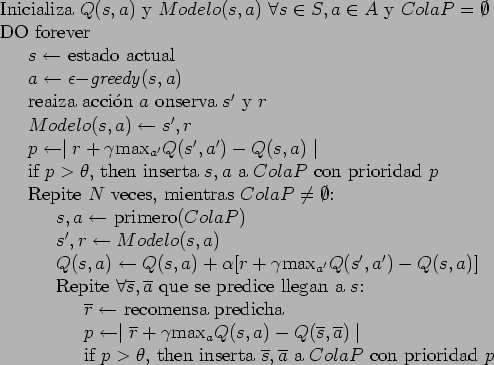 \begin{table}
\begin{tabbing}
123\=123\=123\= \kill
Inicializa $Q(s,a)$\ y $Mode...
...erline{s},\overline{a}$\ a
$ColaP$\ con prioridad $p$\
\end{tabbing}\end{table}