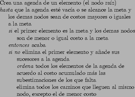 \begin{table}
\begin{tabbing}
12\=123\=123\= \kill
\> Crea una agenda de un elem...
...n al mismo \\
\> \> \> nodo, excepto el de menor costo
\end{tabbing}\end{table}