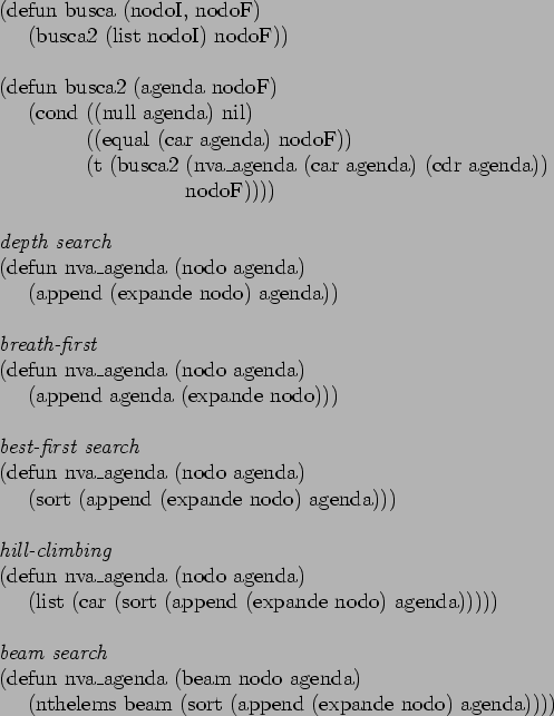 \begin{table}
\begin{tabbing}
(de\=fun busca (nodoI, nodoF) \\
\> (busca2 (list...
... (nthelems beam (sort (append (expande nodo) agenda))))
\end{tabbing}\end{table}