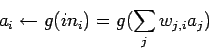 \begin{displaymath}
a_i \leftarrow g(in_i) = g( \sum_j w_{j,i} a_j )
\end{displaymath}