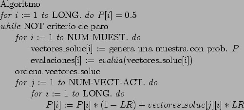 \begin{table}
\begin{tabbing}
Algoritmo \\
\emph{for} \= $i := 1$ \emph{to} LO...
... $P[i] := P[i] * (1 - LR) + vectores\_soluc[j][i] * LR$
\end{tabbing}\end{table}