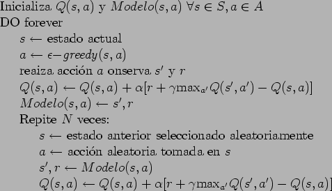 \begin{table}
\begin{tabbing}
123\=123\= \kill
Inicializa $Q(s,a)$\ y $Modelo(s,...
...\alpha [r + \gamma \mbox{max}_{a'}
Q(s',a') - Q(s,a)]$
\end{tabbing}\end{table}